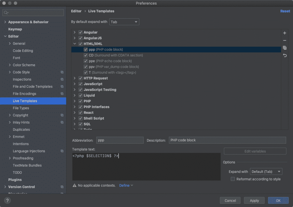 PHPStorm creating a Live Template for a PHP code block