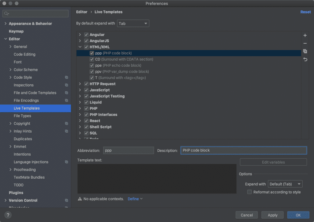 PHPStorm creating a Live Template for a PHP block