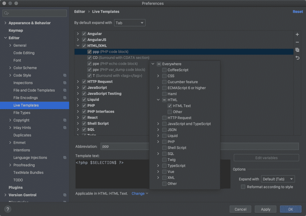 PHPStorm creating a Live Template for a PHP code block, assigning its context to 'HTML Text'