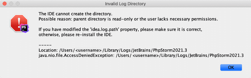 PHPStorm modal error showing the message, "The IDE cannot create the directory"