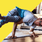 A break dancer with the background removed from half of the image and replaced with a solid yellow colour