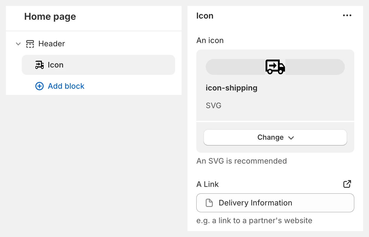 A screenshot of the Shopofy theme editor showing a custom block for adding images and links to the header section of the website.